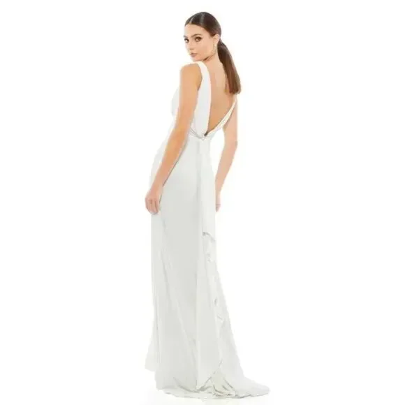 NWT Mac Duggal White Sleeveless V Neck Jersey Gown
